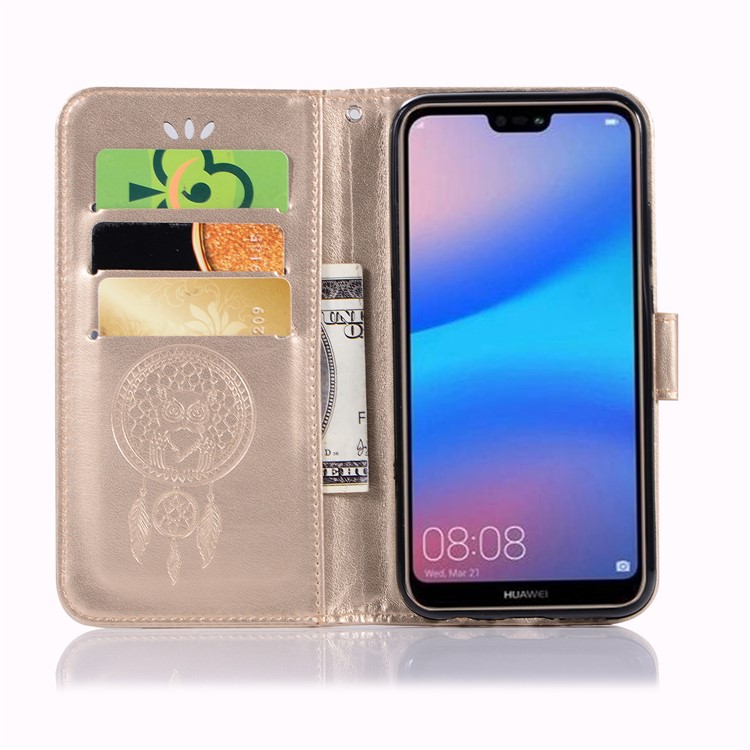 Imprinted Dream Catcher Owl Leather Wallet Case Phone Shell for Huawei P20 Lite / Nova 3e - Gold-4