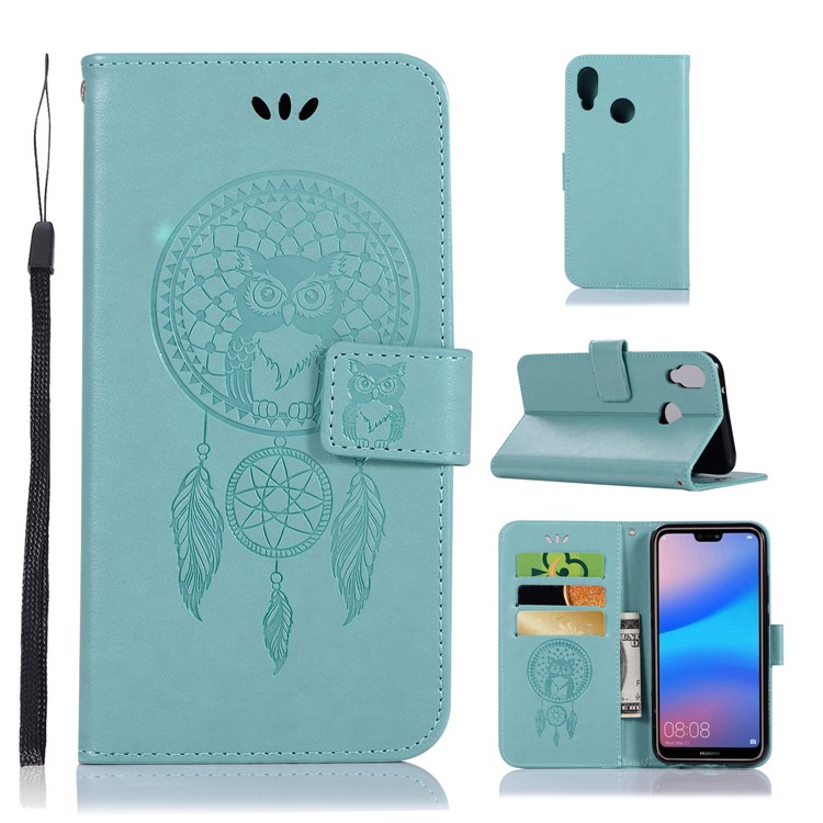 Imprinted Dream Catcher Owl Leather Stand Case with Card Slots for Huawei P20 Lite / Nova 3e - Baby Blue-1