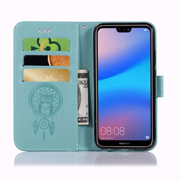 Imprinted Dream Catcher Owl Leather Stand Case with Card Slots for Huawei P20 Lite / Nova 3e - Baby Blue-4