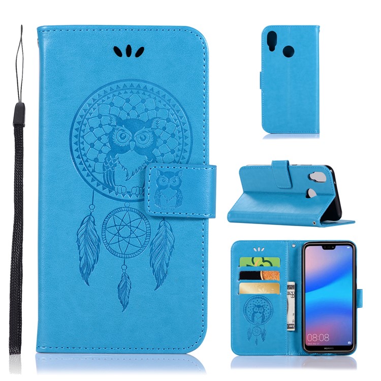 Imprinted Dream Catcher Owl Leather Stand Cover with Card Slots for Huawei P20 Lite / Nova 3e - Dark Blue-1