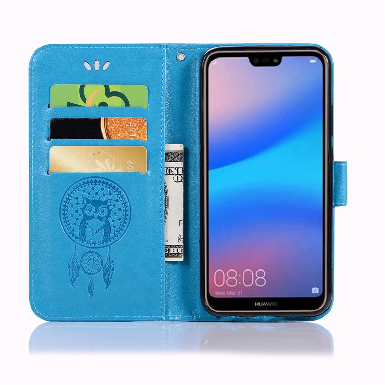 Imprinted Dream Catcher Owl Leather Stand Cover with Card Slots for Huawei P20 Lite / Nova 3e - Dark Blue-4