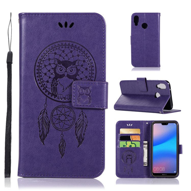 Imprinted Dream Catcher Owl Leather Card Holder Case for Huawei P20 Lite / Nova 3e - Purple-1
