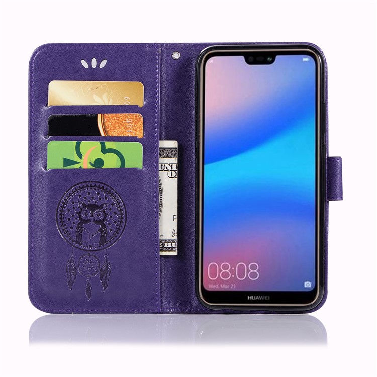 Imprinted Dream Catcher Owl Leather Card Holder Case for Huawei P20 Lite / Nova 3e - Purple-4