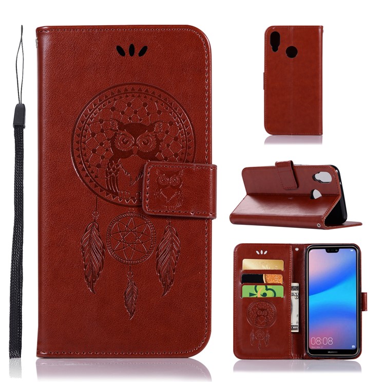 Imprinted Dream Catcher Owl Cell Phone Leather Wallet Case for Huawei P20 Lite / Nova 3e - Brown-1