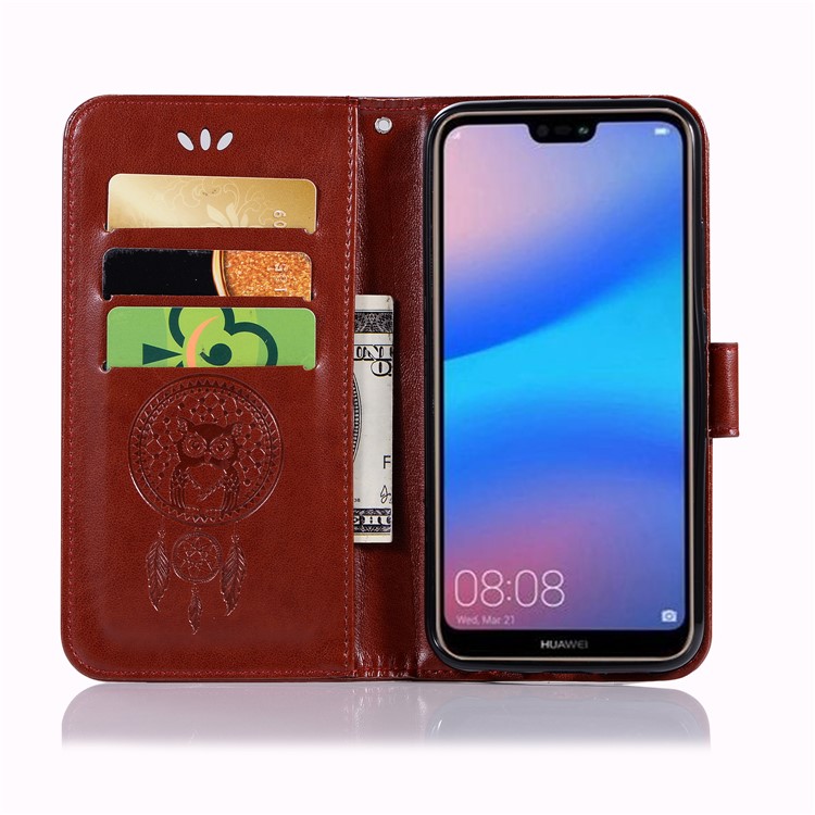 Imprinted Dream Catcher Owl Cell Phone Leather Wallet Case for Huawei P20 Lite / Nova 3e - Brown-4