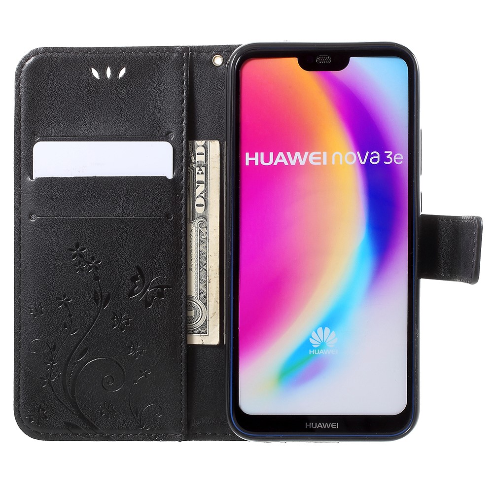 Impressum Blume Schmetterling Muster Brieftasche Lederhülle Für Huawei P20 Lite / Nova 3e - Schwarz-6