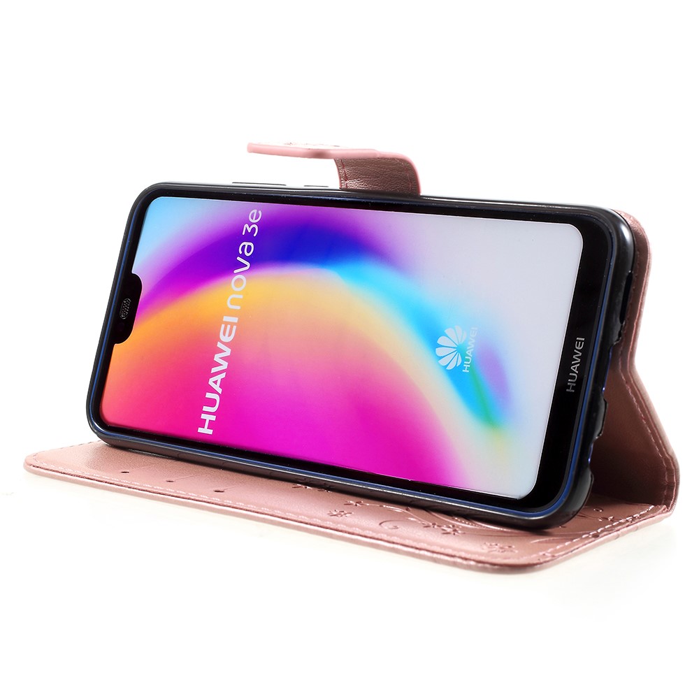 Imprint Flower Butterfly Pattern Wallet Leather Mobile Phone Casing for Huawei P20 Lite/Nova 3e - Rose Gold-4