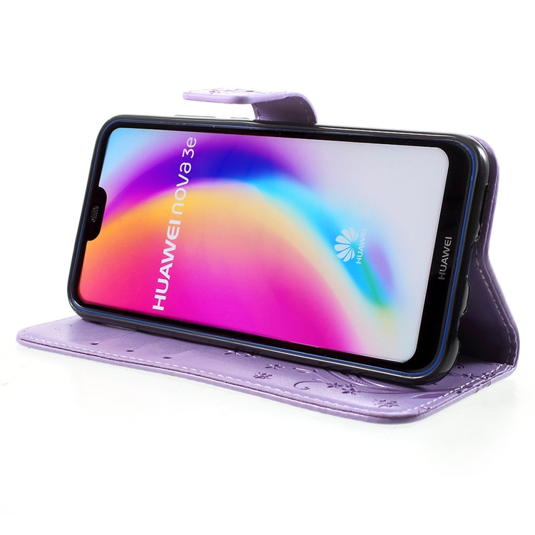 Imprint Flower Butterfly Pattern Wallet Leather Mobile Phone Shell for Huawei P20 Lite/Nova 3e - Light Purple-4