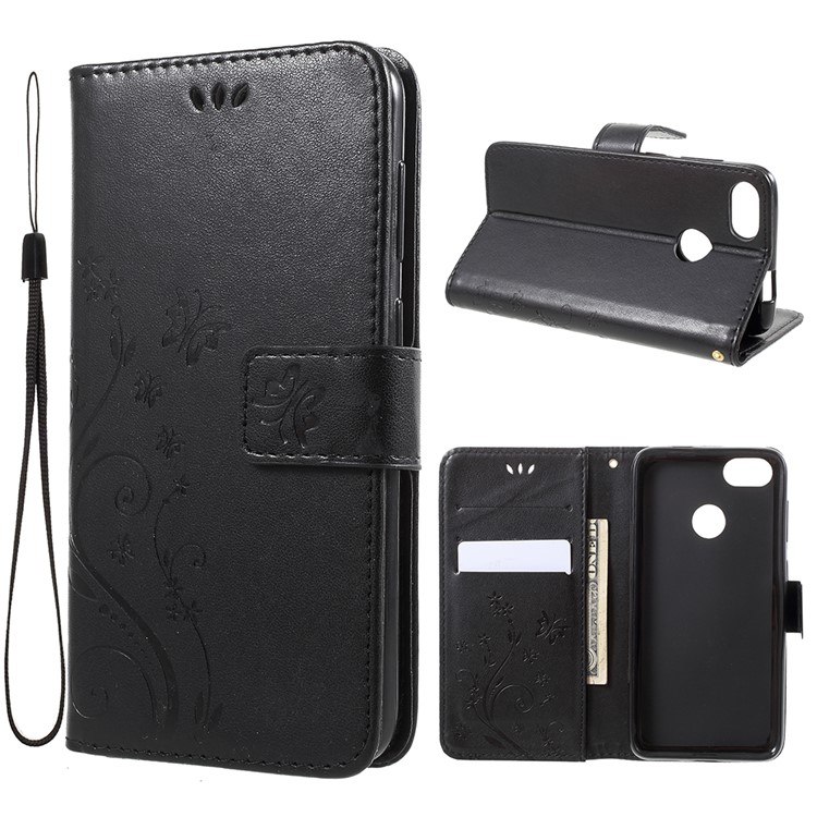 Imprint Flower Butterfly Pattern Wallet Leather Casing for Huawei Y6 Pro (2017) / Enjoy 7 / P9 lite mini - Black-1