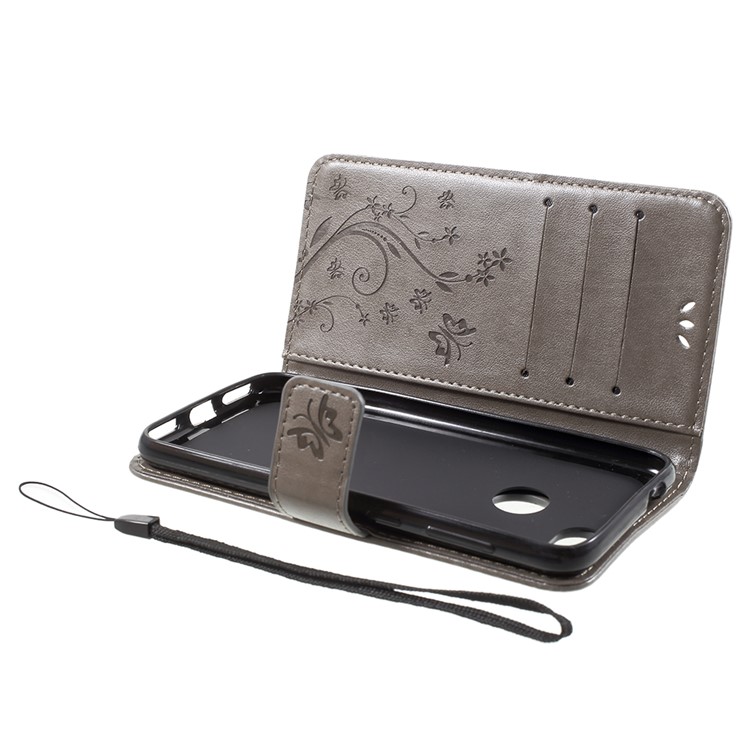 Imprint Flower Butterfly Pattern Wallet Leather Case for Huawei Y6 Pro (2017) / Enjoy 7 / P9 lite mini - Grey-5