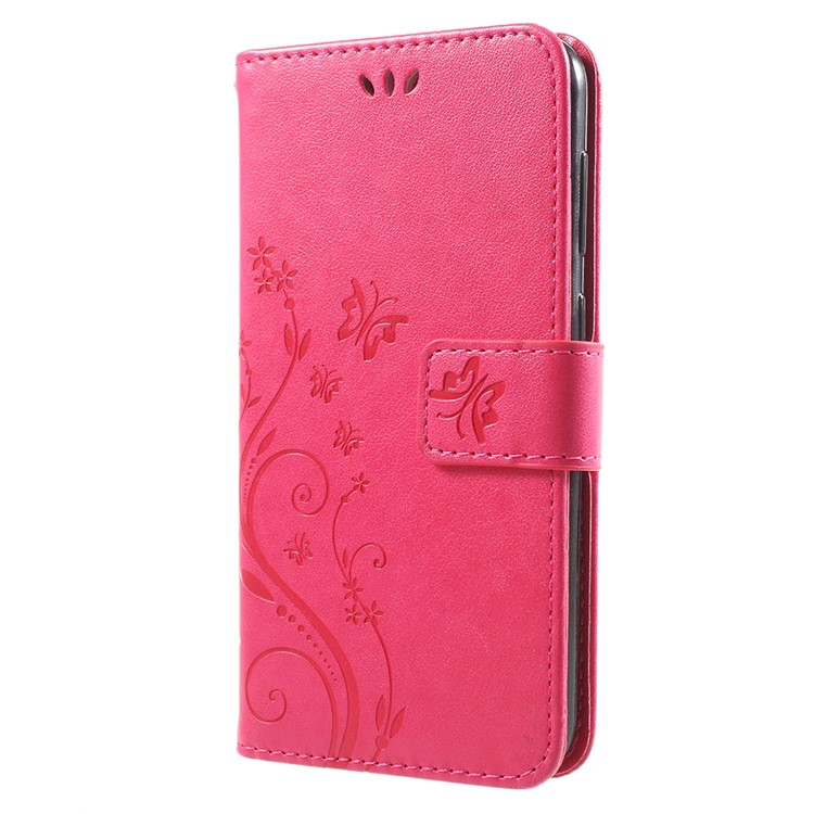 Imprint Flower Butterfly Pattern Wallet Leather Cover for Huawei Y6 Pro (2017) / Enjoy 7 / P9 lite mini - Rose-2