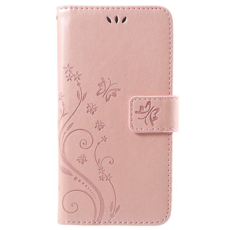 Imprint Flower Butterfly Pattern Wallet Leather Shell for Huawei Y6 Pro (2017) / Enjoy 7 / P9 lite mini - Rose Gold-1