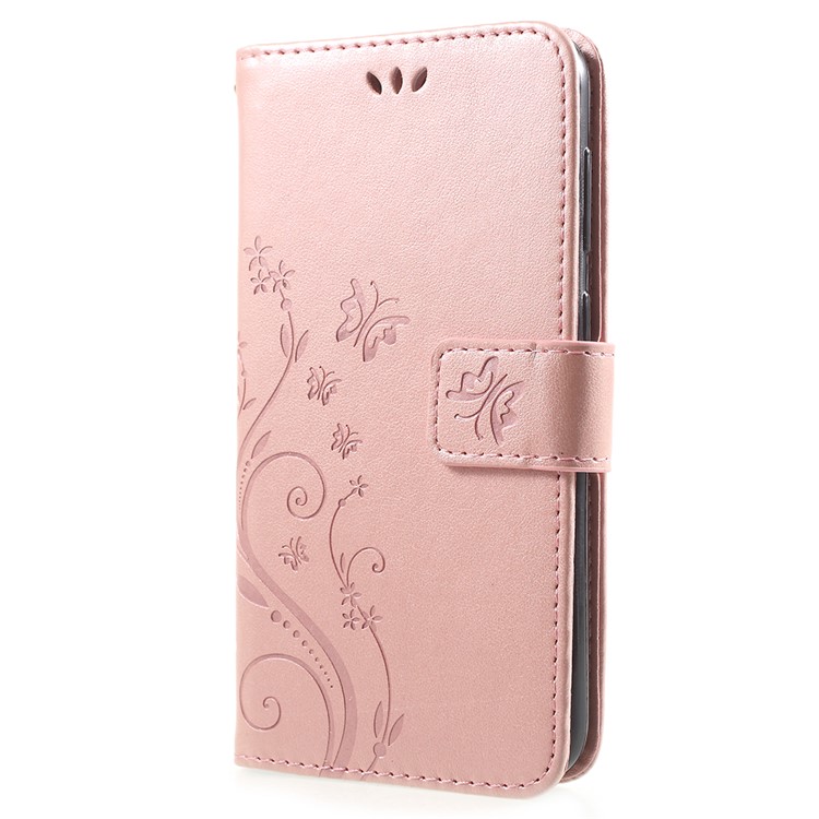 Imprint Flower Butterfly Pattern Wallet Leather Shell for Huawei Y6 Pro (2017) / Enjoy 7 / P9 lite mini - Rose Gold-2