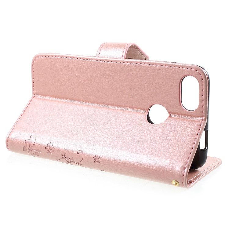 Imprint Flower Butterfly Pattern Wallet Leather Shell for Huawei Y6 Pro (2017) / Enjoy 7 / P9 lite mini - Rose Gold-4