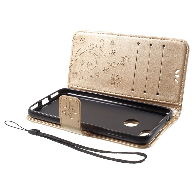 Imprint Flower Butterfly Pattern Wallet Leather Casing Cover for Huawei Y6 Pro (2017) / Enjoy 7 / P9 lite mini - Gold-5