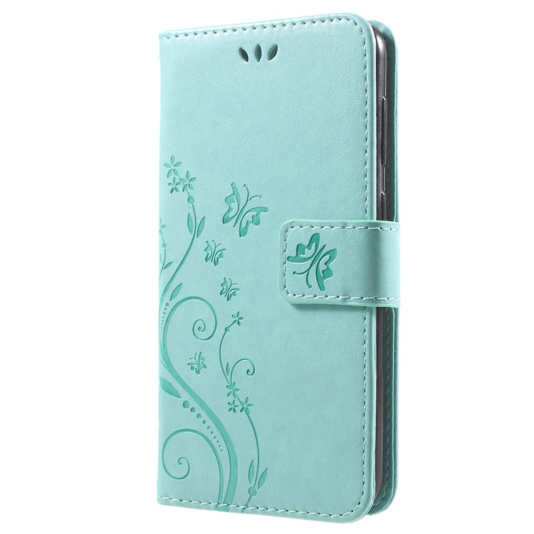 Imprint Flower Butterfly Pattern Wallet Leather Case Cover for Huawei Y6 Pro (2017) / Enjoy 7 / P9 lite mini - Cyan-2