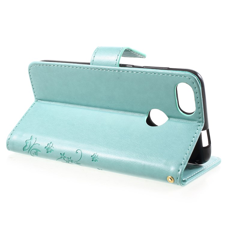 Imprint Flower Butterfly Pattern Wallet Leather Case Cover for Huawei Y6 Pro (2017) / Enjoy 7 / P9 lite mini - Cyan-4
