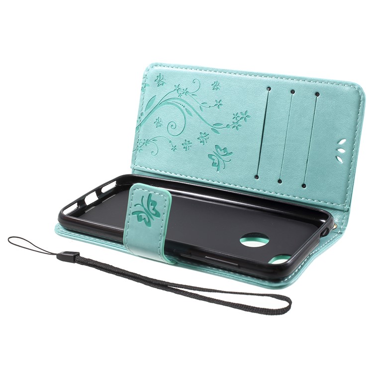 Imprint Flower Butterfly Pattern Wallet Leather Case Cover for Huawei Y6 Pro (2017) / Enjoy 7 / P9 lite mini - Cyan-5