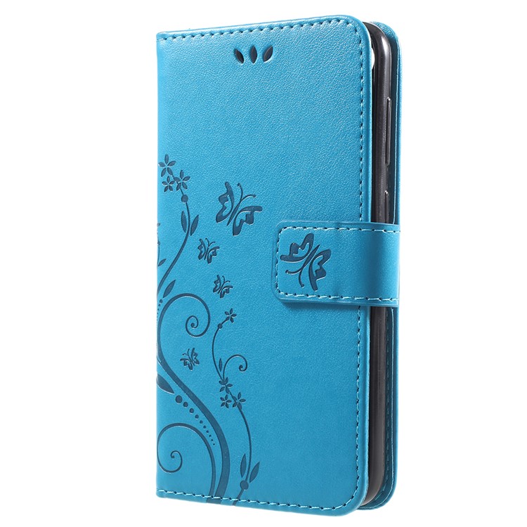 Imprint Flower Butterfly Pattern Wallet Leather Phone Case for Huawei Y6 Pro (2017) / Enjoy 7 / P9 lite mini - Blue-2