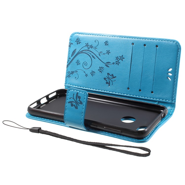 Imprint Flower Butterfly Pattern Wallet Leather Phone Case for Huawei Y6 Pro (2017) / Enjoy 7 / P9 lite mini - Blue-5