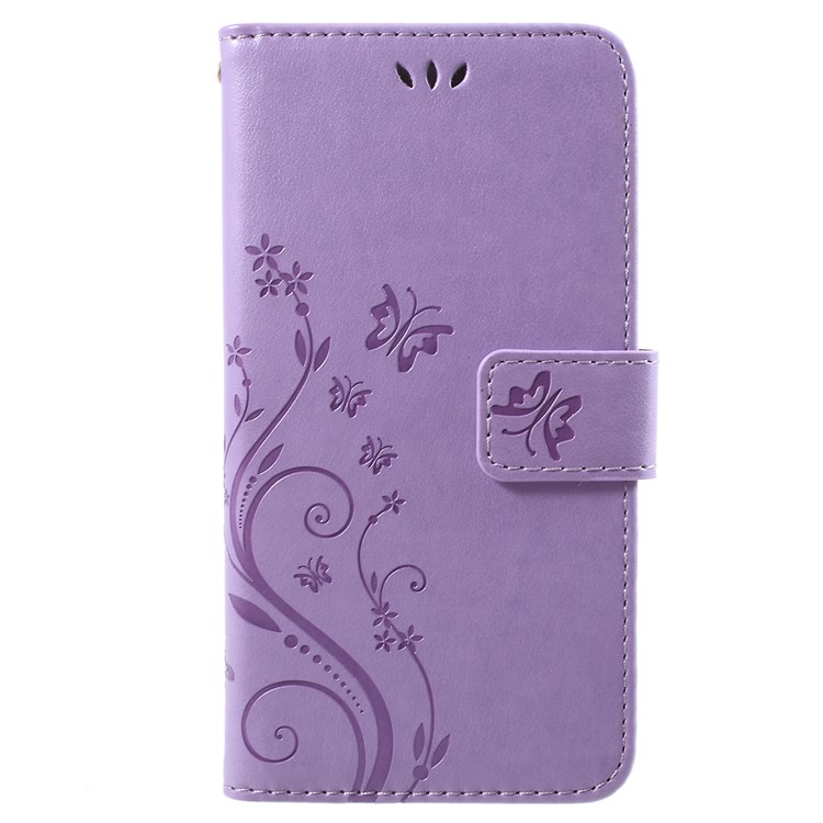 Imprint Flower Butterfly Pattern Wallet Leather Mobile Case for Huawei Y6 Pro (2017) / Enjoy 7 / P9 lite mini - Light Purple-1