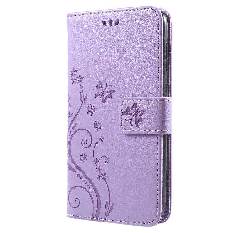 Imprint Flower Butterfly Pattern Wallet Leather Mobile Case for Huawei Y6 Pro (2017) / Enjoy 7 / P9 lite mini - Light Purple-2