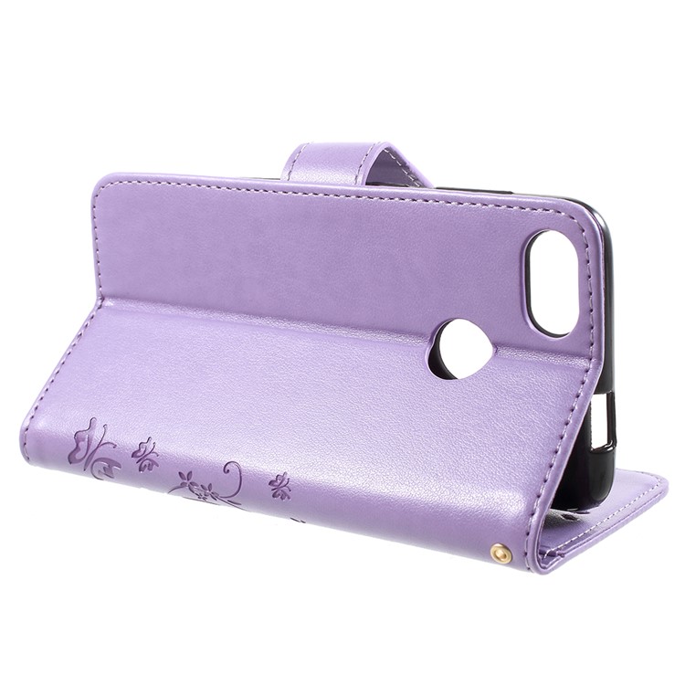 Imprint Flower Butterfly Pattern Wallet Leather Mobile Case for Huawei Y6 Pro (2017) / Enjoy 7 / P9 lite mini - Light Purple-4