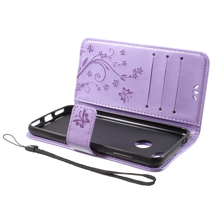 Imprint Flower Butterfly Pattern Wallet Leather Mobile Case for Huawei Y6 Pro (2017) / Enjoy 7 / P9 lite mini - Light Purple-5
