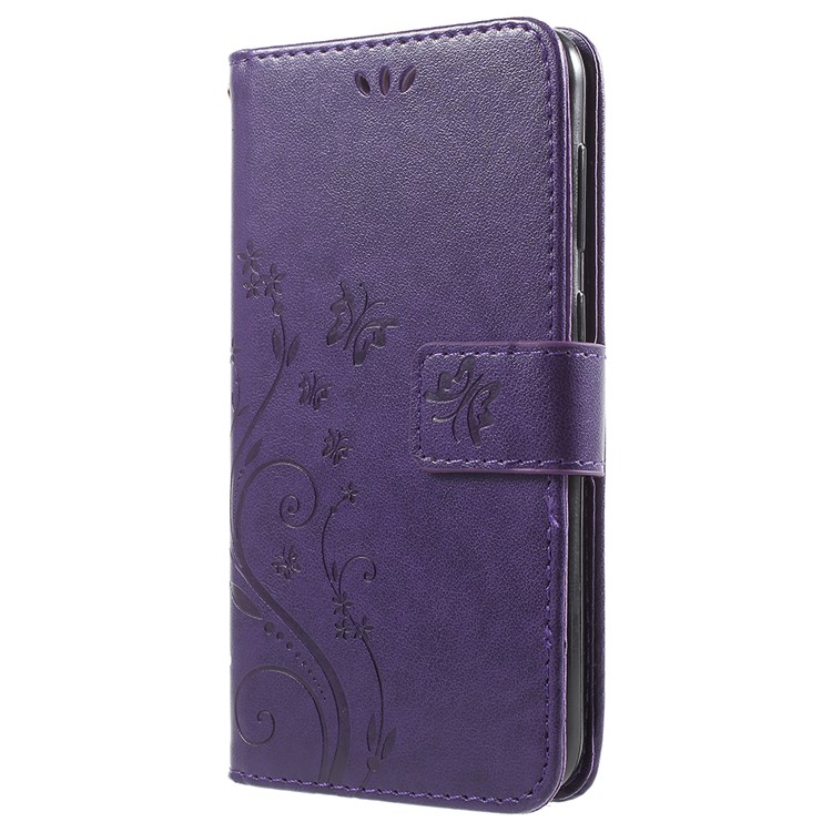 Imprint Flower Butterfly Pattern Wallet Leather Phone Cover for Huawei Y6 Pro (2017) / Enjoy 7 / P9 lite mini - Dark Purple-2