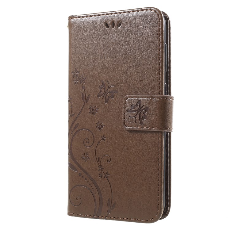 Imprint Flower Butterfly Pattern Wallet Leather Mobile Cover for Huawei Y6 Pro (2017) / Enjoy 7 / P9 lite mini - Brown-2