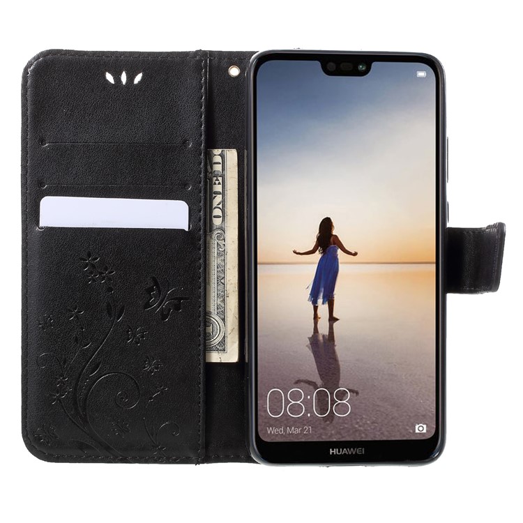 Imprint Flower Butterfly Pattern Wallet Leather Case Accessory for Huawei P20 - Black-6