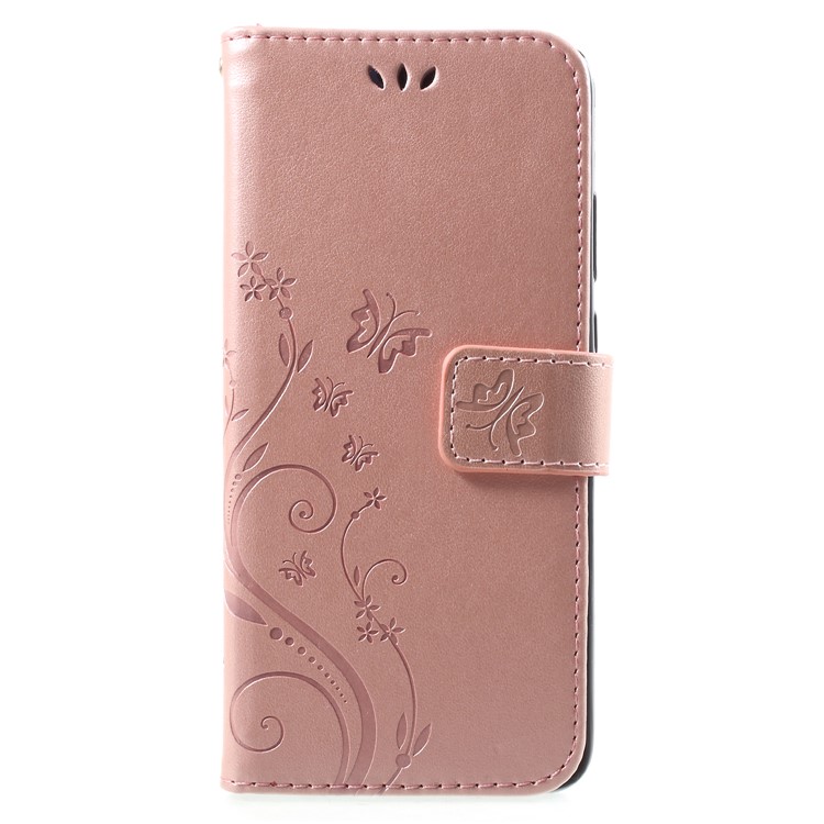 Imprint Flower Butterfly Pattern Wallet Leather Mobile Case for Huawei P20 - Rose Gold-1