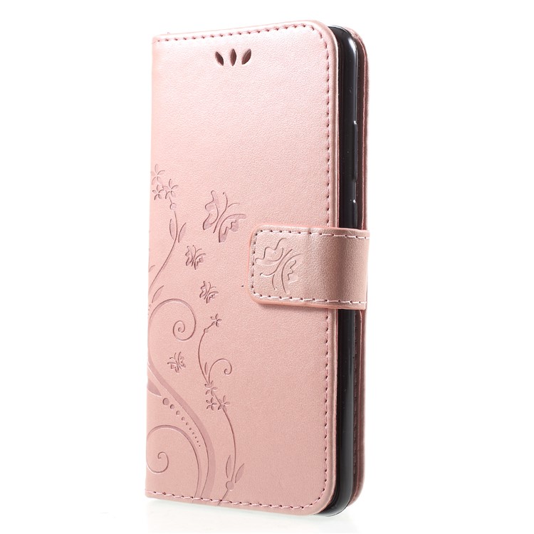 Imprint Flower Butterfly Pattern Wallet Leather Mobile Case for Huawei P20 - Rose Gold-3