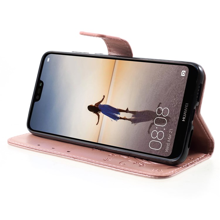 Imprint Flower Butterfly Pattern Wallet Leather Mobile Case for Huawei P20 - Rose Gold-4