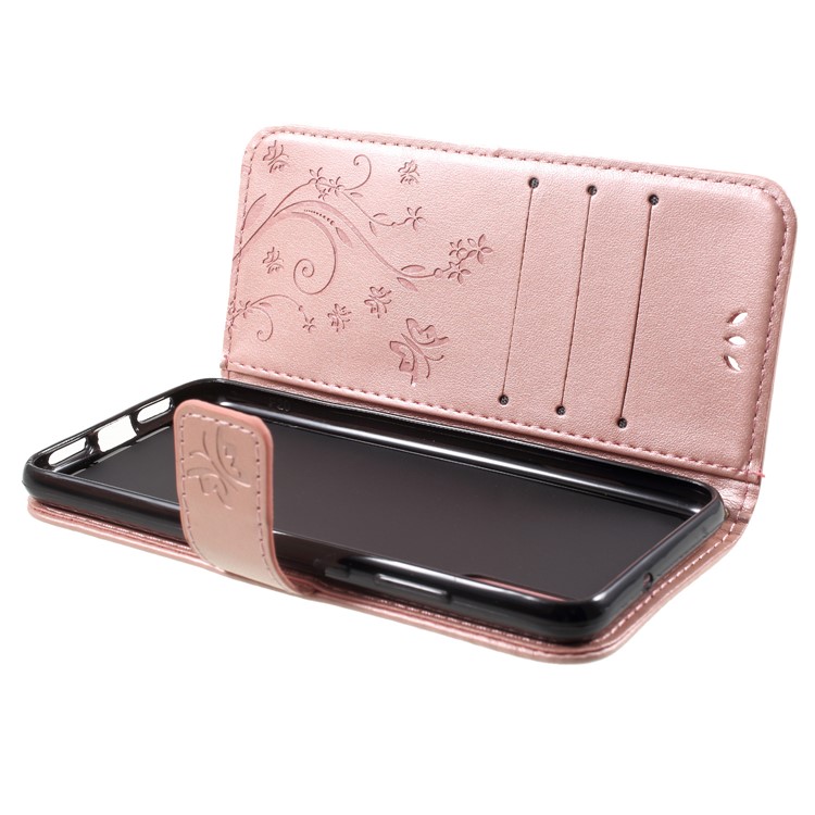 Imprint Flower Butterfly Pattern Wallet Leather Mobile Case for Huawei P20 - Rose Gold-6