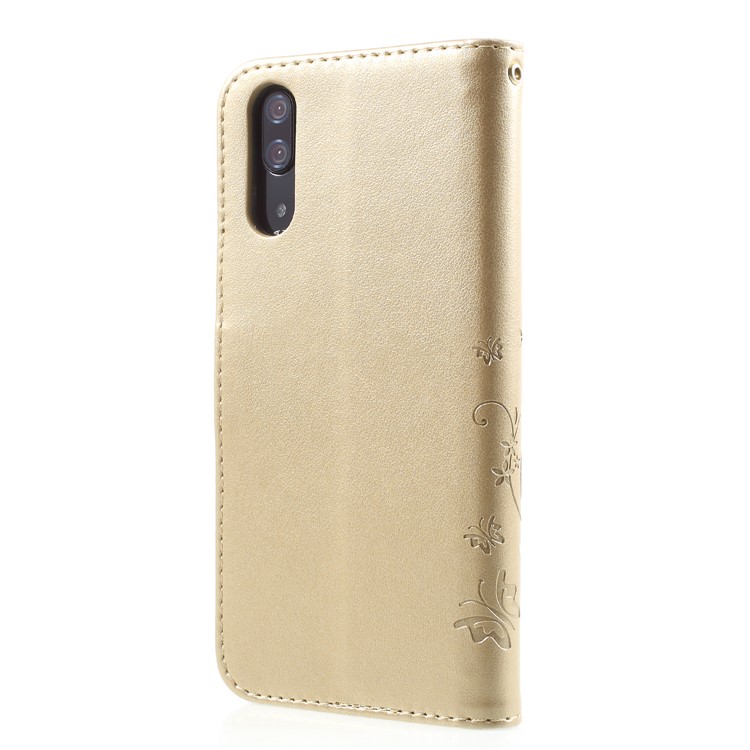 Imprint Flower Butterfly Pattern Wallet Leather Folio Cover for Huawei P20 - Gold-2