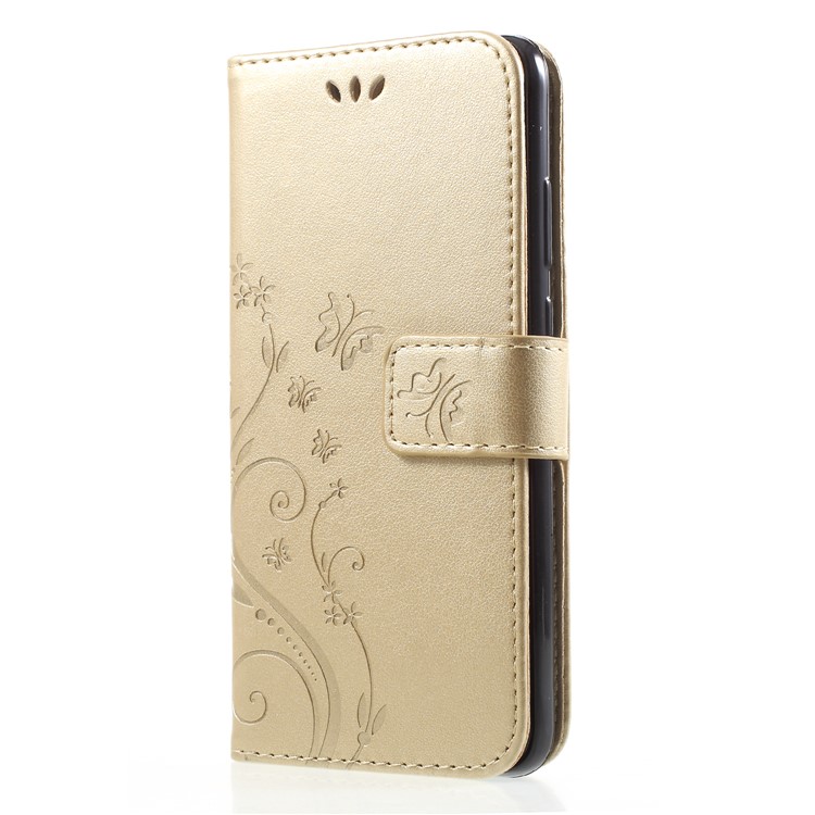 Imprint Flower Butterfly Pattern Wallet Leather Folio Cover for Huawei P20 - Gold-3