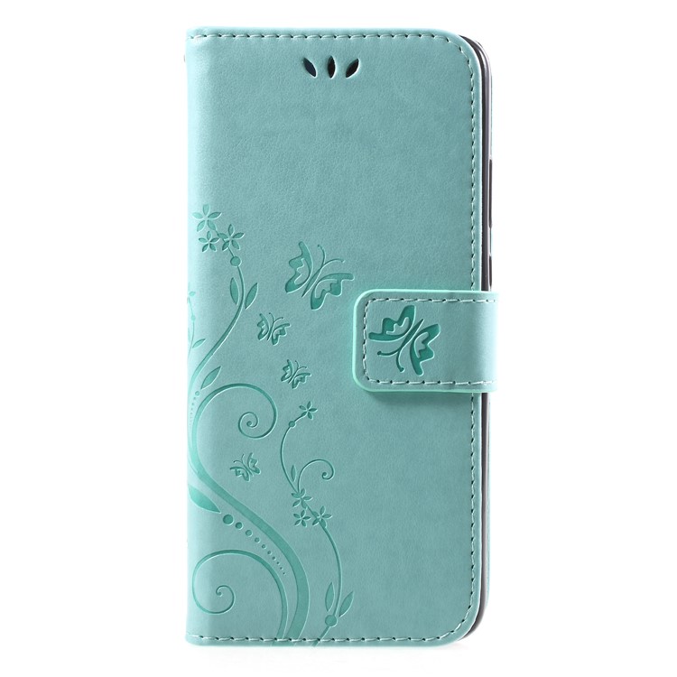 Imprint Flower Butterfly Pattern Wallet Leather Cellphone Folio Shell for Huawei P20 - Cyan-1