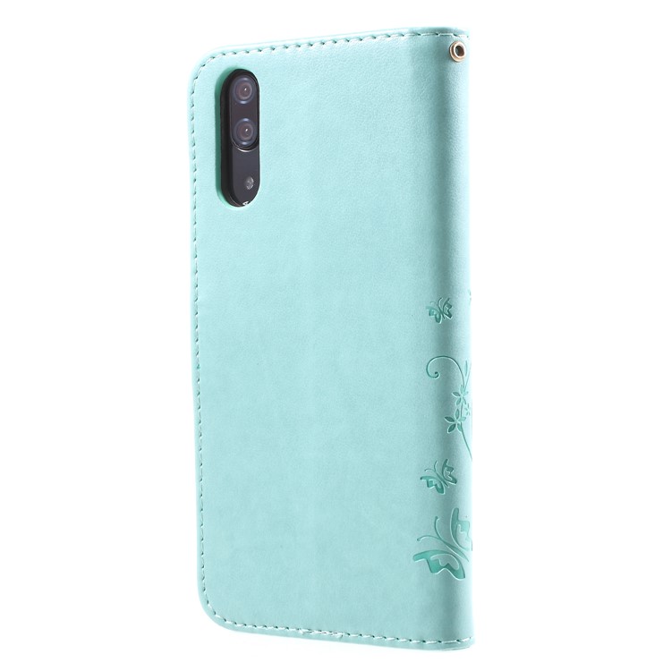 Imprint Flower Butterfly Pattern Wallet Leather Cellphone Folio Shell for Huawei P20 - Cyan-2