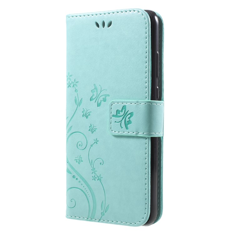 Imprint Flower Butterfly Pattern Wallet Leather Cellphone Folio Shell for Huawei P20 - Cyan-3
