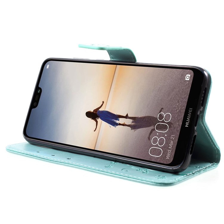 Imprint Flower Butterfly Pattern Wallet Leather Cellphone Folio Shell for Huawei P20 - Cyan-4