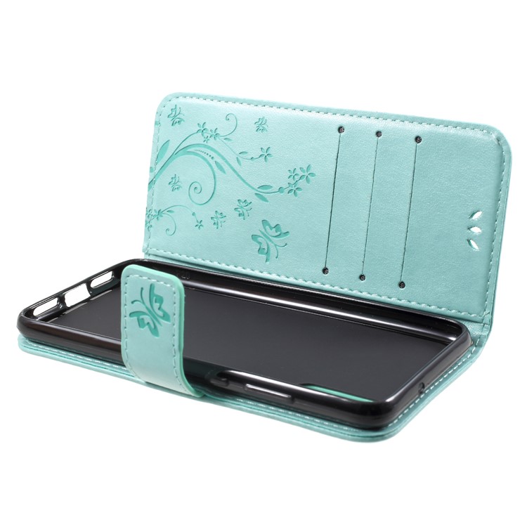 Imprint Flower Butterfly Pattern Wallet Leather Cellphone Folio Shell for Huawei P20 - Cyan-6