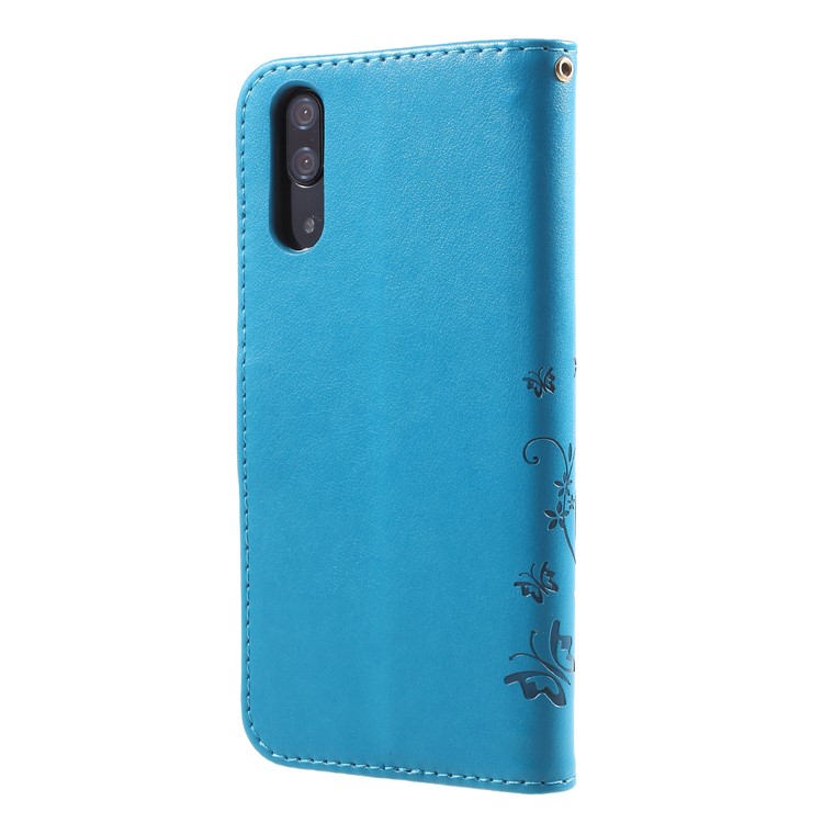 Imprint Flower Butterfly Pattern Wallet Leather Stand Case for Huawei P20 - Blue-2