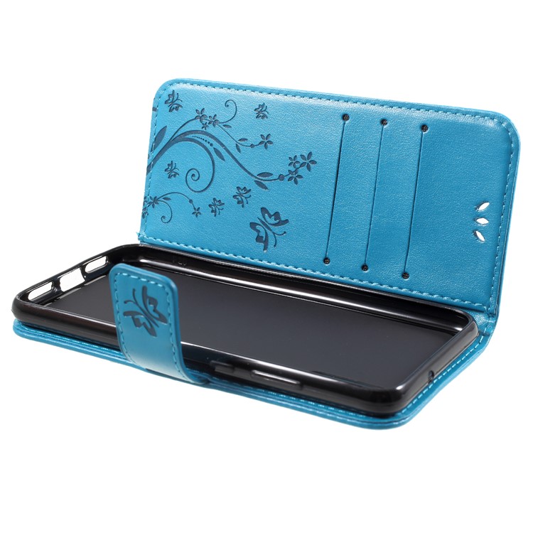Imprint Flower Butterfly Pattern Wallet Leather Stand Case for Huawei P20 - Blue-6