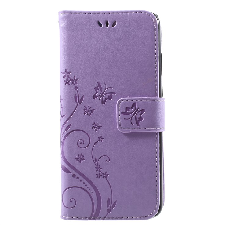 For Huawei P20 Imprint Flower Butterfly Pattern Wallet Leather Protection Folio Phone Case - Light Purple-1