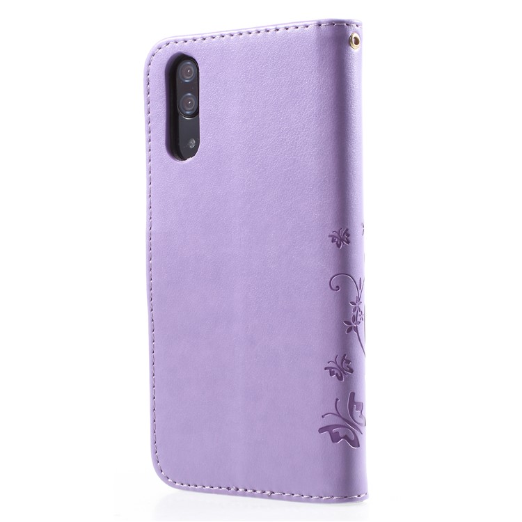 For Huawei P20 Imprint Flower Butterfly Pattern Wallet Leather Protection Folio Phone Case - Light Purple-2