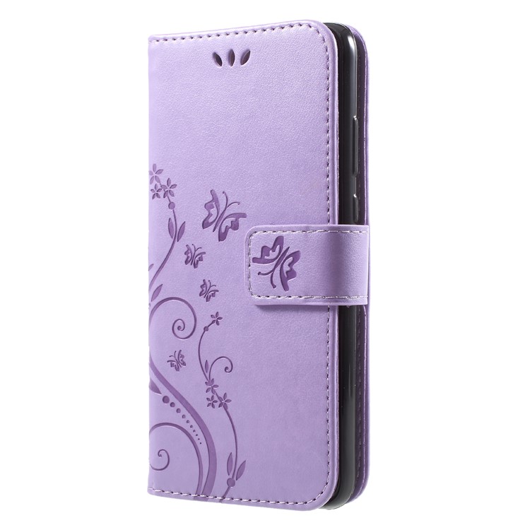 For Huawei P20 Imprint Flower Butterfly Pattern Wallet Leather Protection Folio Phone Case - Light Purple-3