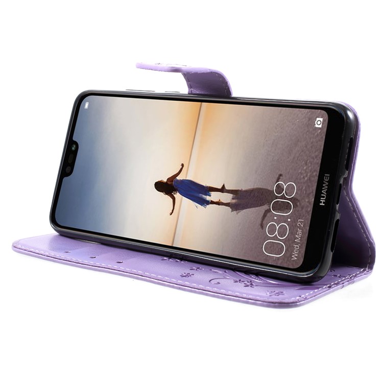 For Huawei P20 Imprint Flower Butterfly Pattern Wallet Leather Protection Folio Phone Case - Light Purple-4
