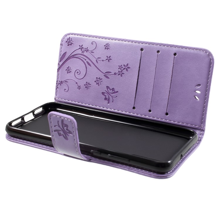For Huawei P20 Imprint Flower Butterfly Pattern Wallet Leather Protection Folio Phone Case - Light Purple-6