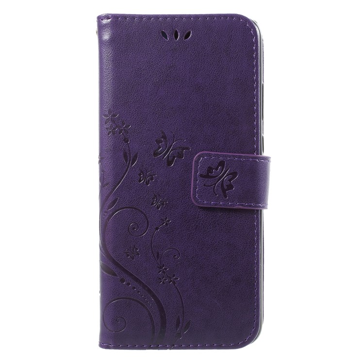 Imprint Flower Butterfly Pattern Wallet Leather Magnetic Folio Casing for Huawei P20 - Dark Purple-1
